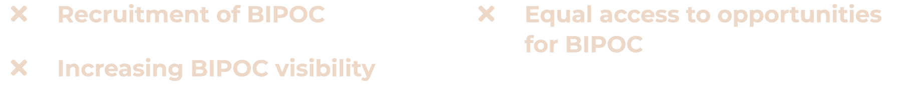 Recruitment of BIPOC Increasing BIPOC visibility Equal access to opportunities for BIPOC