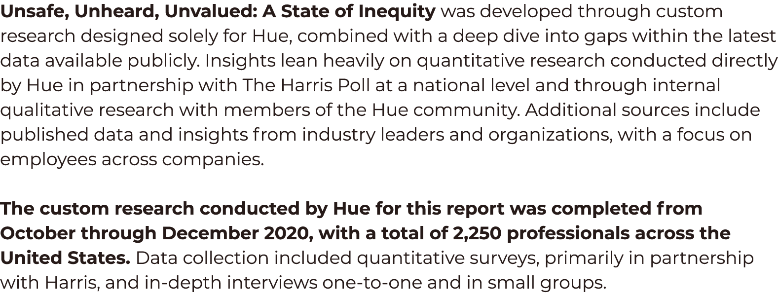 Unsafe, Unheard, Unvalued: A State of Inequity was developed through custom research designed solely for Hue, combine   